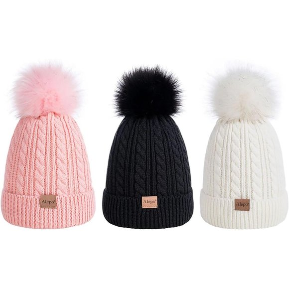 Kids Winter Beanie Children's Warm Fleece Lined Knit Thick Ski Cap with Pom - Picture 1 of 7